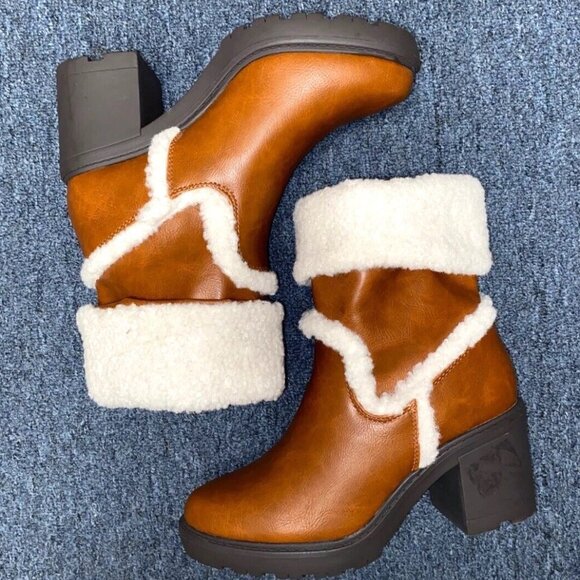 Shoes - JustFab Ellie Trim Heeled Sherpa Lined Women's Boot Size 6.5 Tan/Brown